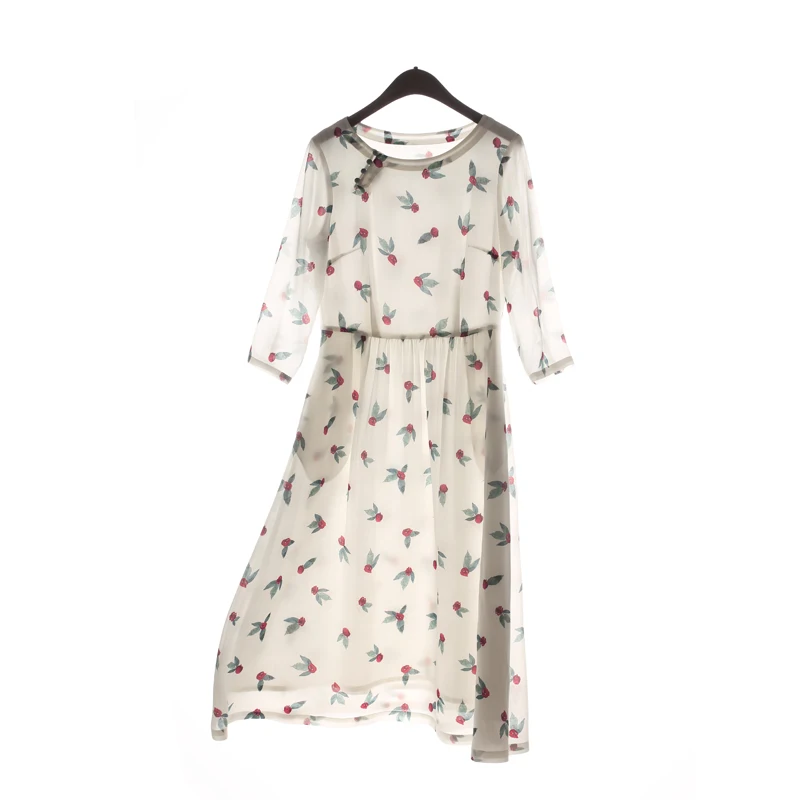 

CYNTHIA Chinese-style 2020 New Spring Women's Silk Dresses Customized Raspberry Collection O-neck Floral-printed A-line Dress