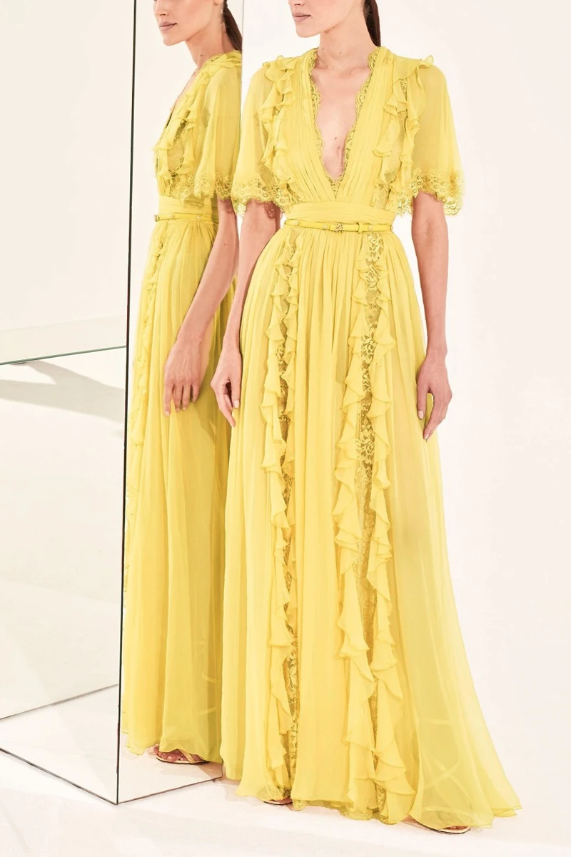 

2021 Summer Boho Vacation Chiffon Maxi Dress Women Vintage Runway Elegant V-neck Lace Patchwork Ruffles Long Party Dresses