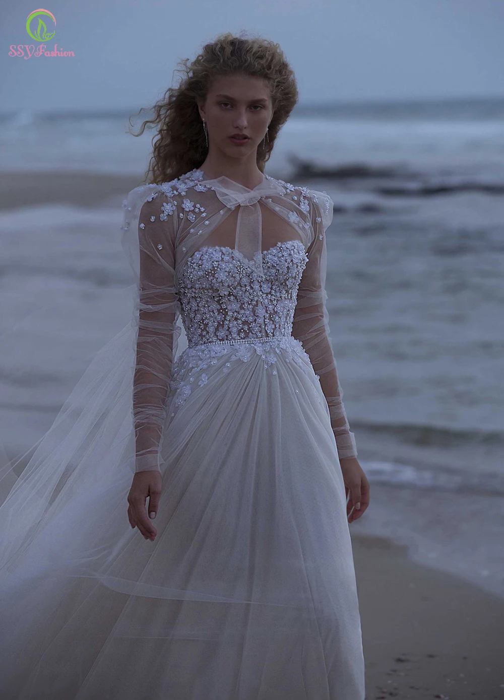 

Женское вечернее платье SSYFashion, белое ТРАПЕЦИЕВИДНОЕ ПЛАТЬЕ С Цветочным бисером, для пляжа, бальное платье с шалью для вечеринки