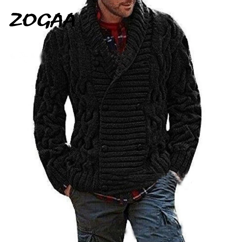 Мужской теплый вязаный двубортный кардиган ZOGAA Однотонный свитер с V-образным