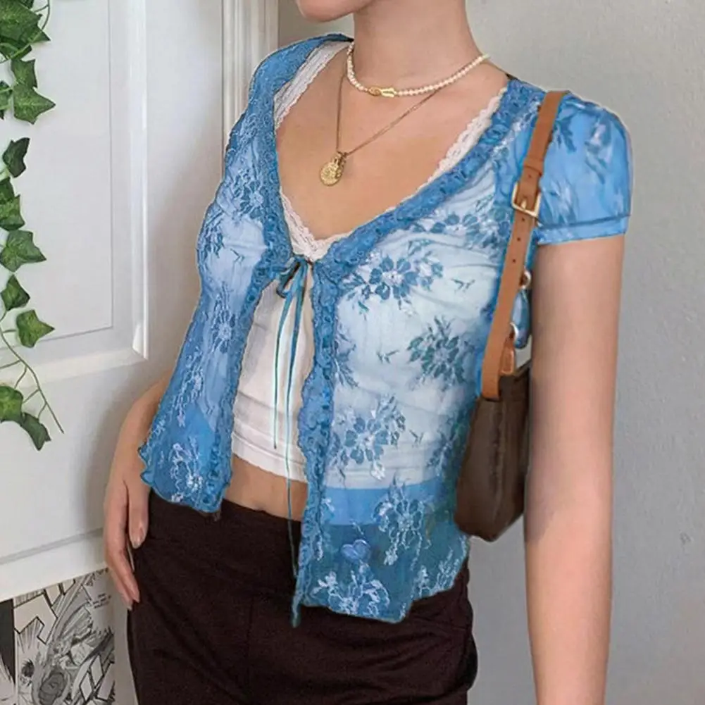 

Brown Vintage Lace Crop Top Short Sleeve See Through Sexy Mesh Woman Tshirts V Neck Lace Up Floral Kawaii Clothes