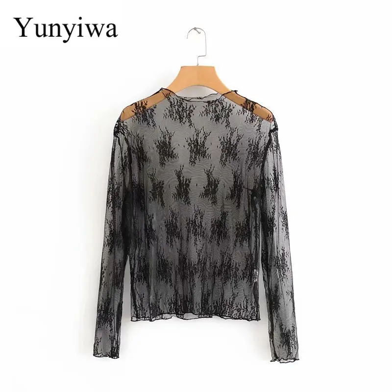 Черная сетчатая Сексуальная рубашка с длинным рукавом Женская винтажная блузка