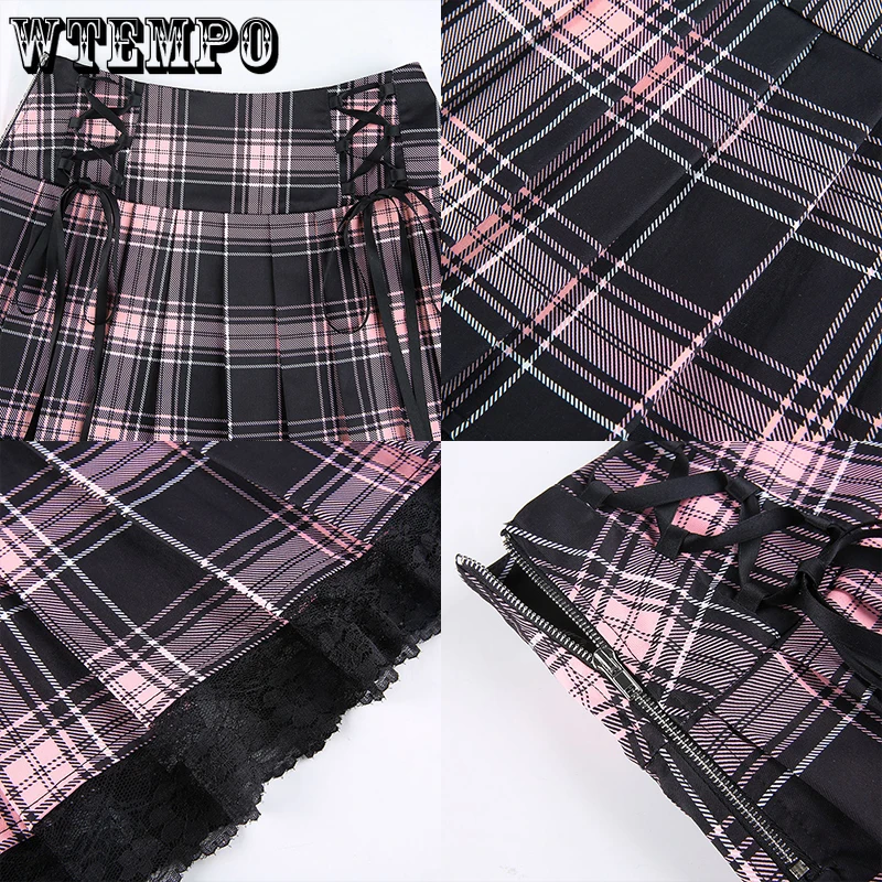 

Goth Y2K Plaid Pleated Skirt Women Lace Bandage High Waist Fashion Streetwear Harajuku Mini Skirts Sexy Kawaii Faldas Jupe Femme