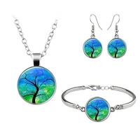 fashion tree of life art photo jewelry set glass pendant necklace earring bracelet totally 4 pcs for womens girl birthday gifts