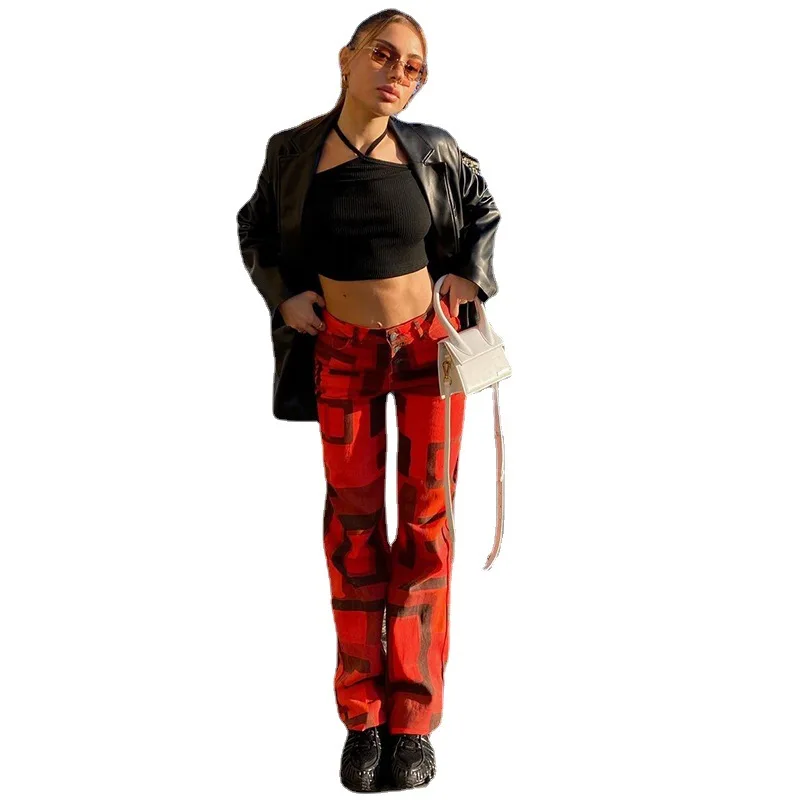 

Mandylandy Women Elegant Letter Print Straight Pants Lady Spring Summer Fashion Loose Wide Leg Trouser