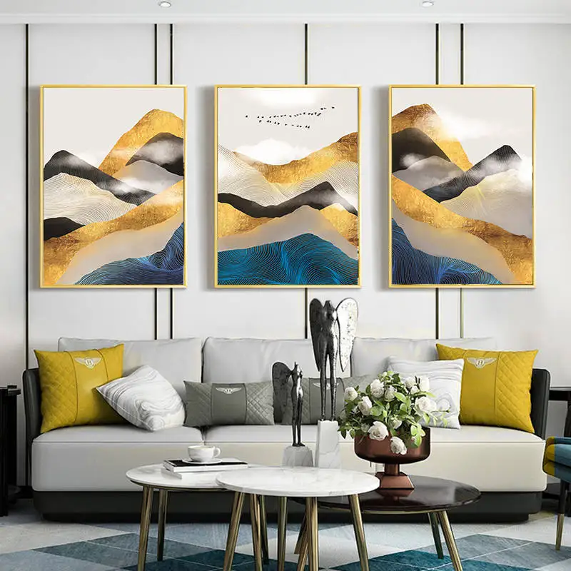 Абстрактный настенный постер с изображением золотых гор пейзаж холст