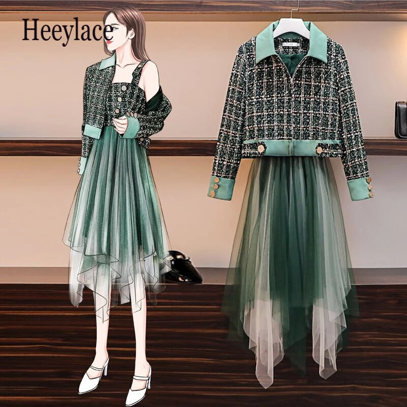 Подиум размера плюс Зеленый Клетчатый твидовый короткий жакет + подтяжки на