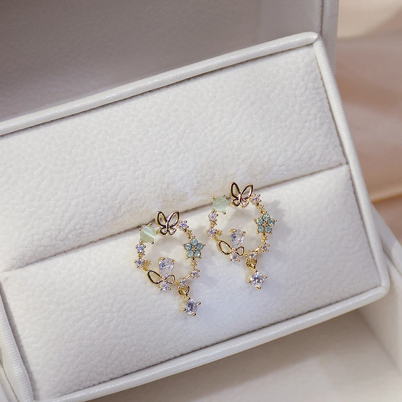 

High Quality 14K Real Gold Butterfly and Garland Earrings for Women Top Designer Luxury Jewelry Zirconia S925 Silver Needle Stud