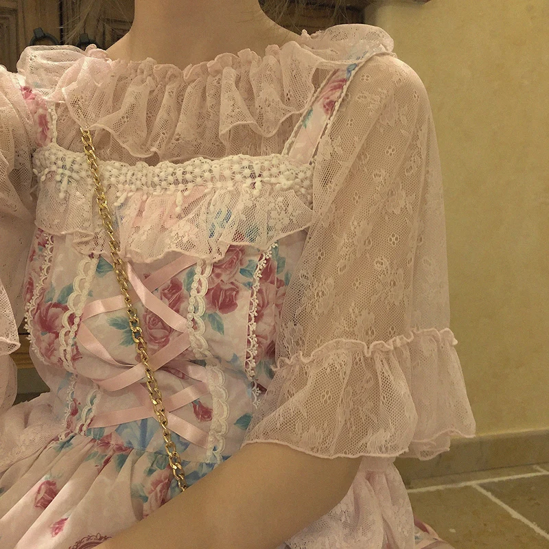 

5 Color New Mesh Lolita Shirt Female Floral Embroidery Women Blouses Tops Kawaii Elegant Pink Student Shirts Mujer