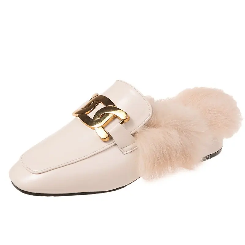

HQFZO Comfortable Brand Shoes Women Mules Fur Flat Winter Shoes PU Leather Metal Chain Furry Slippers Casual Loafers