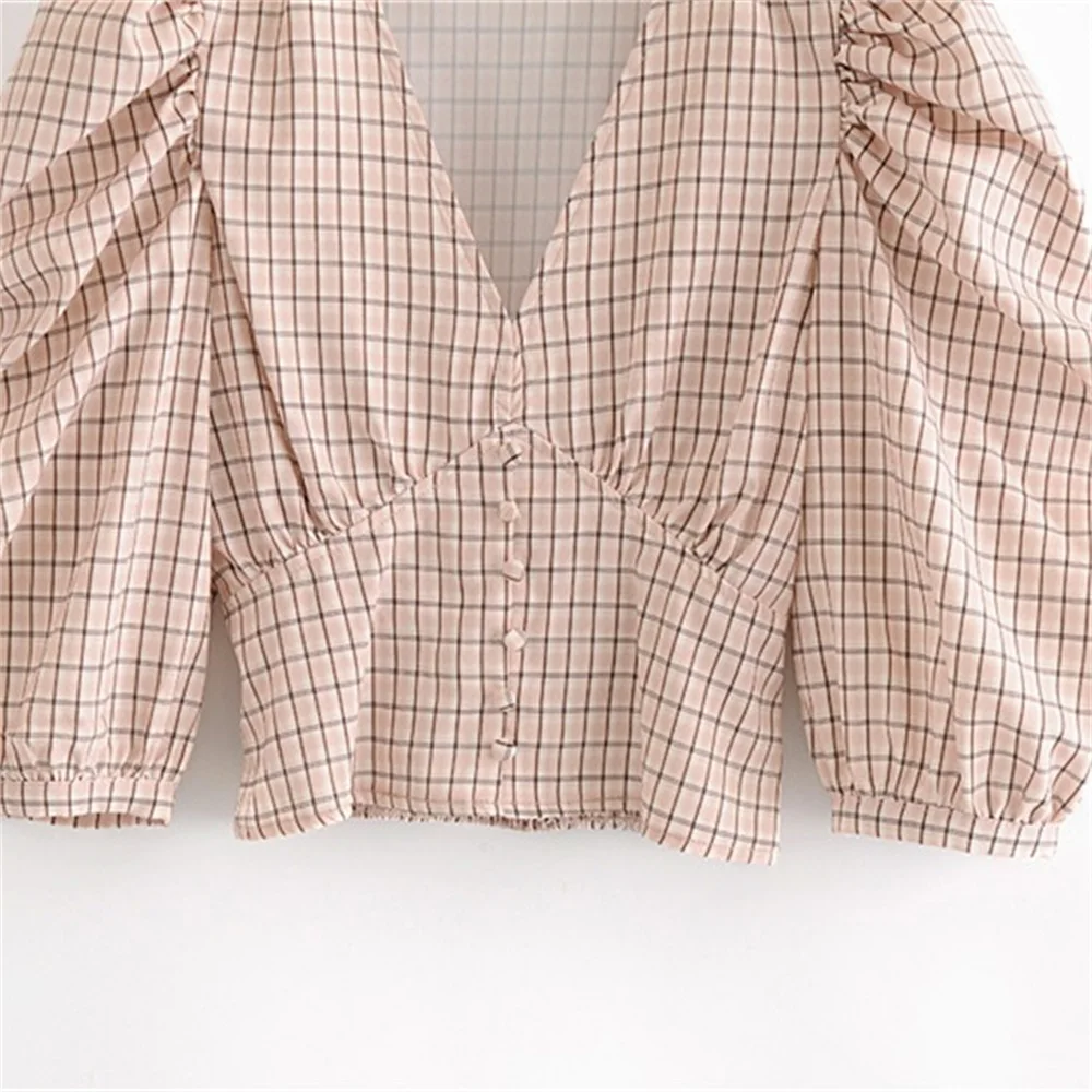 

2020 autumn women's new style retro check V-neck lamb leg sleeves French fashion style simple waist slim short shirt