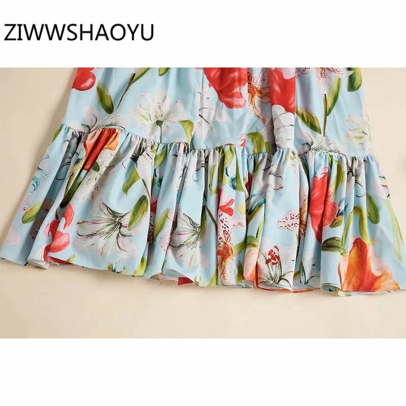 

ZIWWSHAOYU Summer Female Sexy Backless Spaghetti Strap Dress Fashion Designer Women Floral Print Ruffled Vintage Midi Dresses