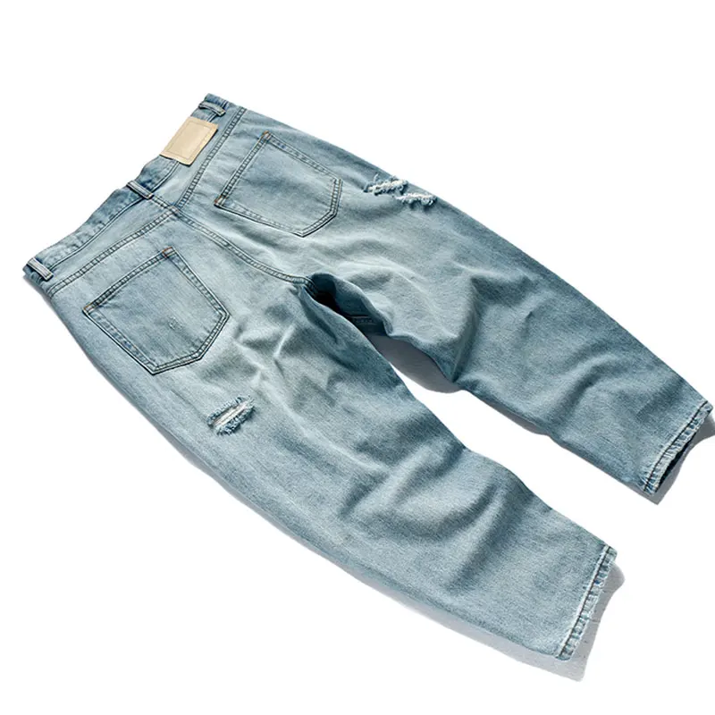 Summer New Fashion Ripped Men Jeans Ankle Length Loose Plus Size Hip Hop Hole Light Blue Homme Denim Pants Streetwear Trousers