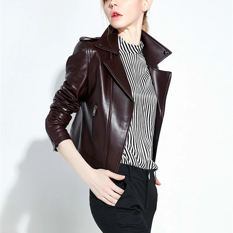 JCBC 2021  Genuine Leather Jacket Women 100% Sheepskin Coat Short Biker Motorcycle Jacket Korean Slim Fit Red Leather Coats
