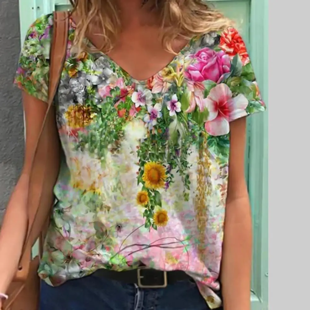 

2021 Summer Short Sleeve T Shirt Basic Tops Women Floral Print Casual O Neck Tee Streetwear Ladies Elegant Loose Top Tees