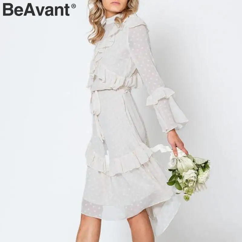 Женское богемное шифоновое платье BeAvant элегантное белое ажурное в горошек мягкое