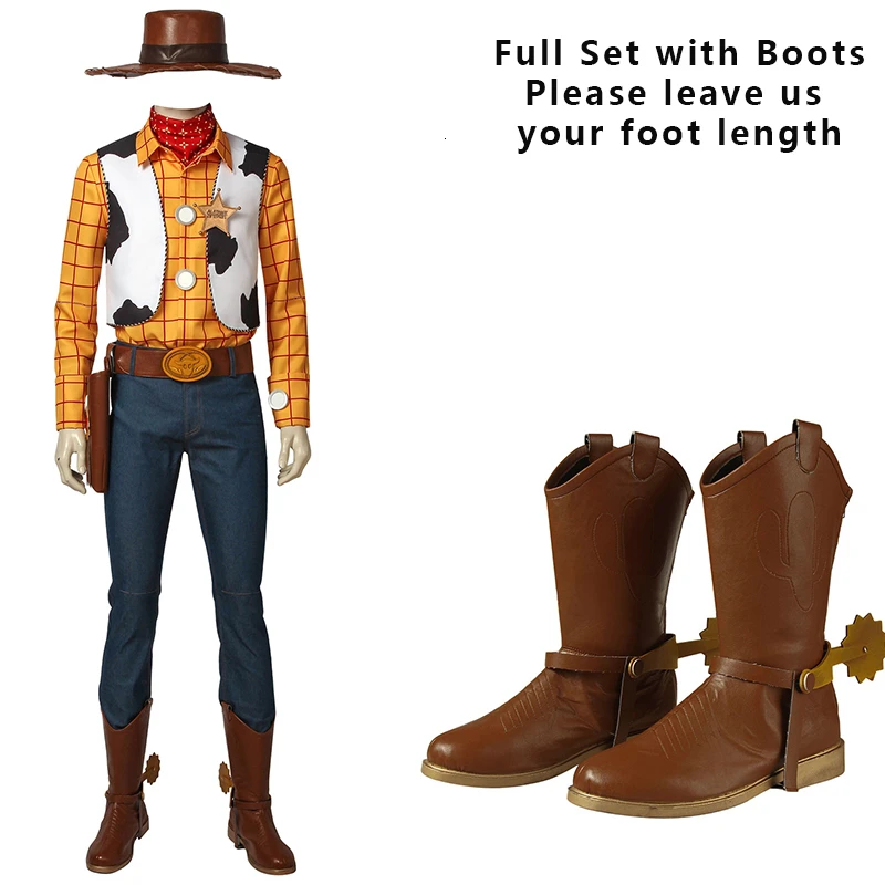 full set with boots История игрушек; костюм Вуди для косплея; костюм ковбоя; шляпа; карнавальный наряд для взрослых и мужчин; вечерние ботинки супергероя на Хэллоуин - Цвет: full set with boots