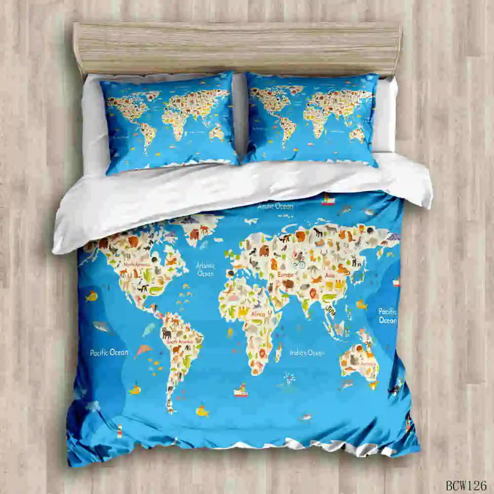 3D Карта мира Комплект постельного белья с ярким принтом синяя кровать