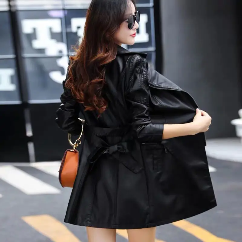 

M-4XL Leather Coat Jacket Women Fashion Slim Long Female Jacket High Quality PU Motorcycle Autumn Winter With Belt Outerwear 351