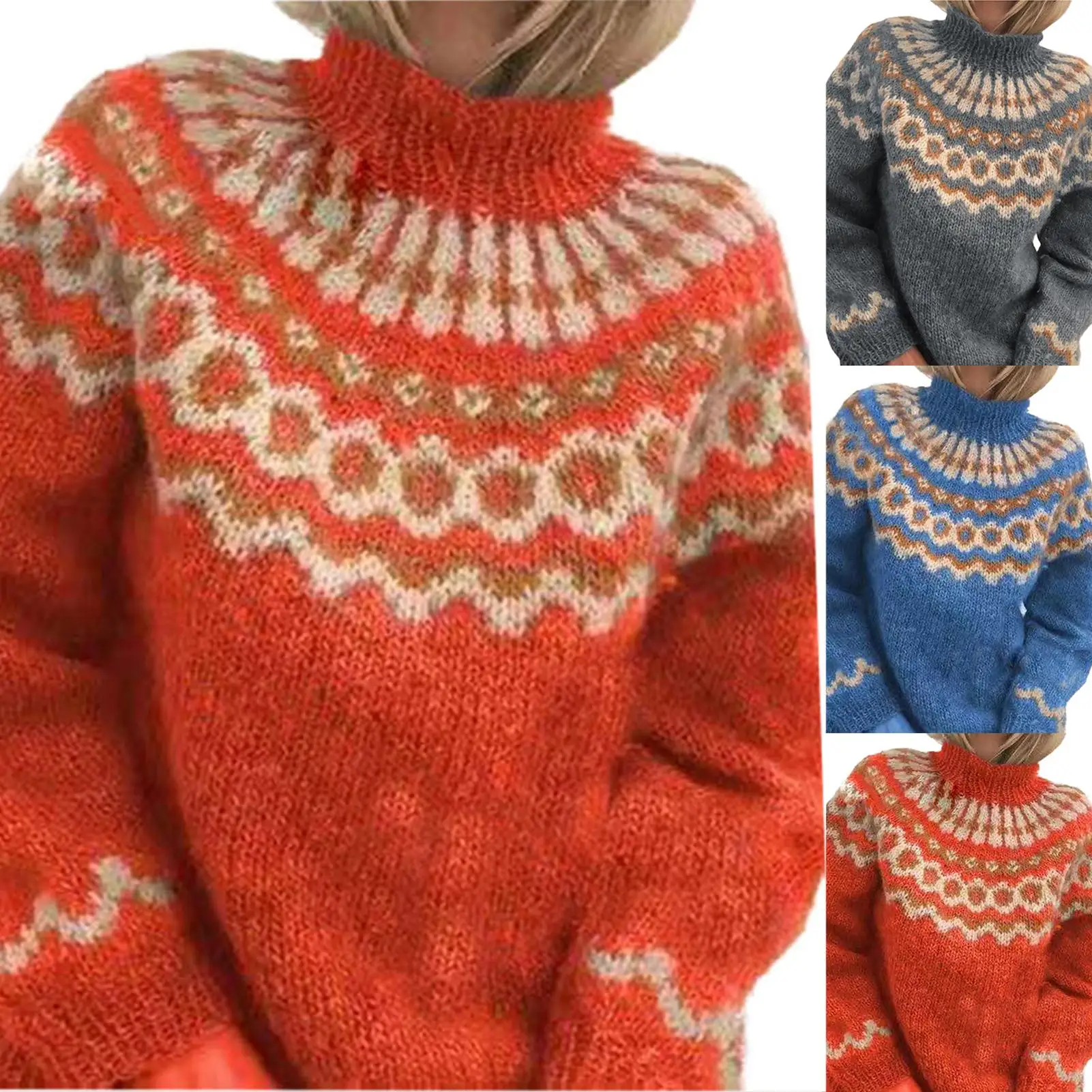 

Women Turtle Neck Autumn Jacquard Weave Long Sleeve Jumpers Pullover Knit Sweater