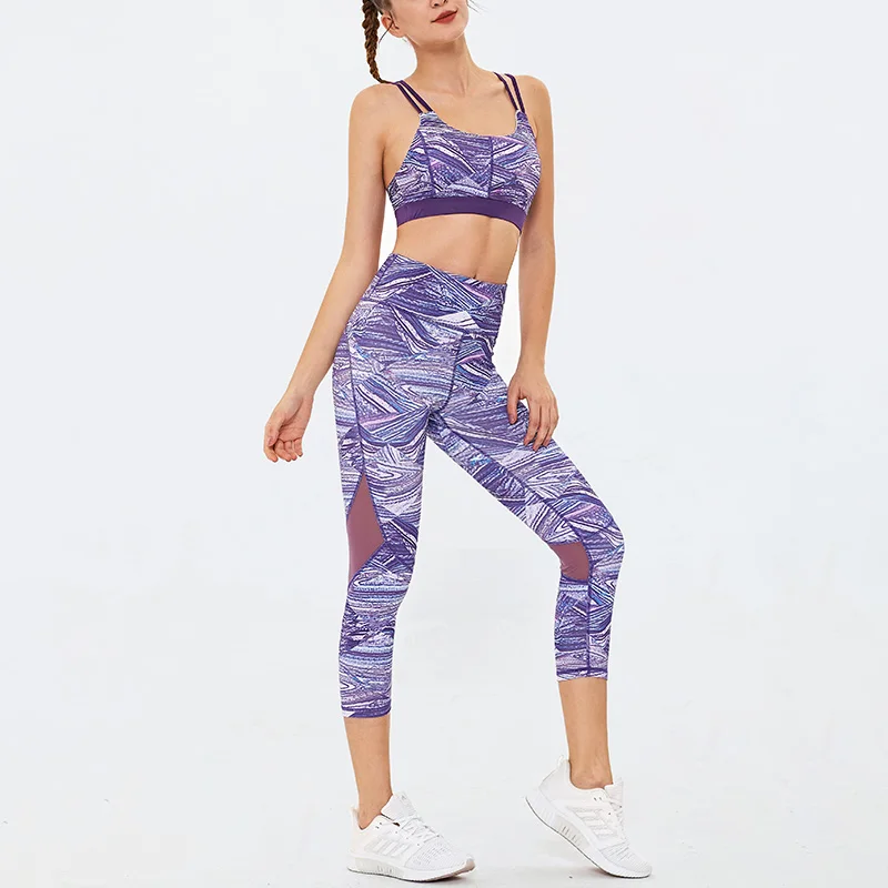 

2020 2Pcs Yoga Set Sportswear Workout Sets Gym Clothes Women Print Fitness Crop Tank Top Leggings Running Tracksuit Dropshipping