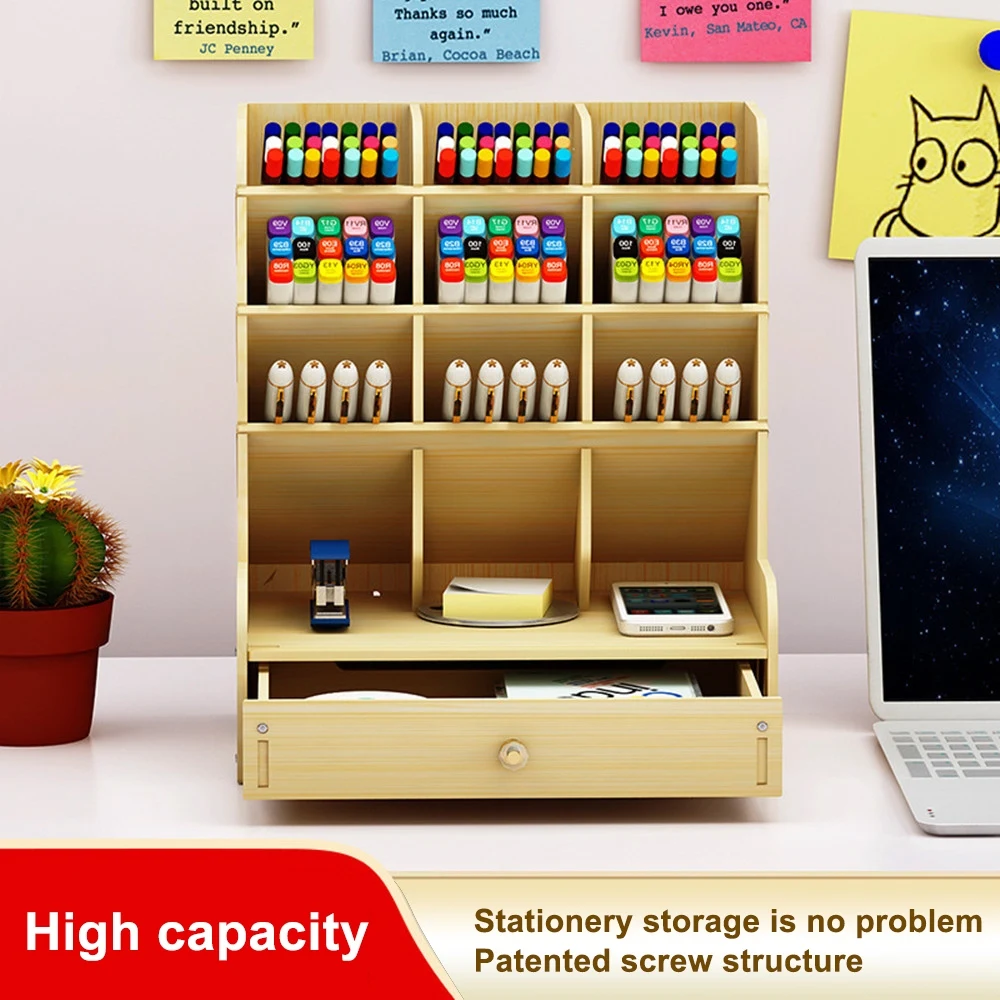 

Wooden Desk Storage Box Multifunction DIY Pen Holder Box Desktop Fixed Home Office School Supplies Desktop Storage Rack Wood Box