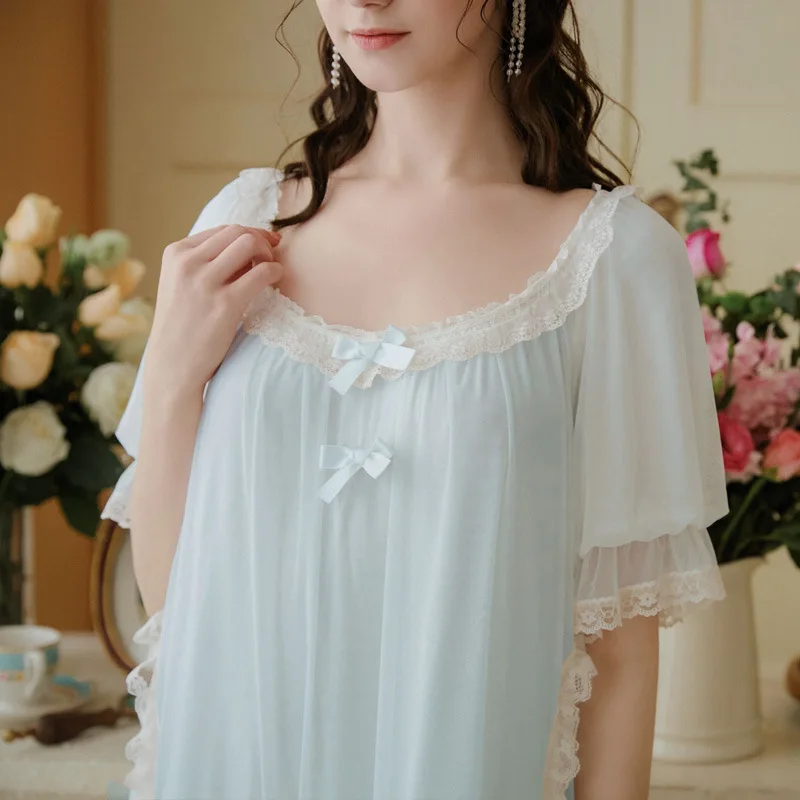 

Women Fairy Night Dress Sleep Wear Viscose Long Mesh Lace Peignoirs Nightwear Princess Vintage Victorian White Nightgown Nightie