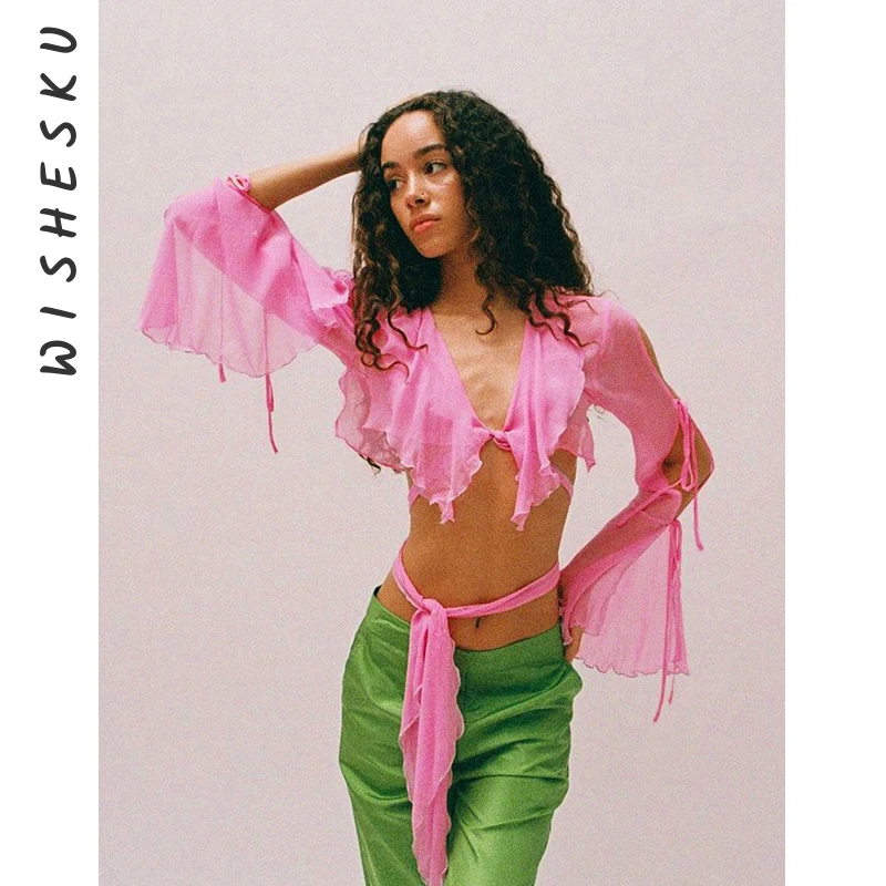 

Sexy V Neck Ruffles Bandage Lace Up Cropped T-Shirts Women Mesh See Through Long Sleeve Fairy Grunge Clothes 2022 Summer Tops