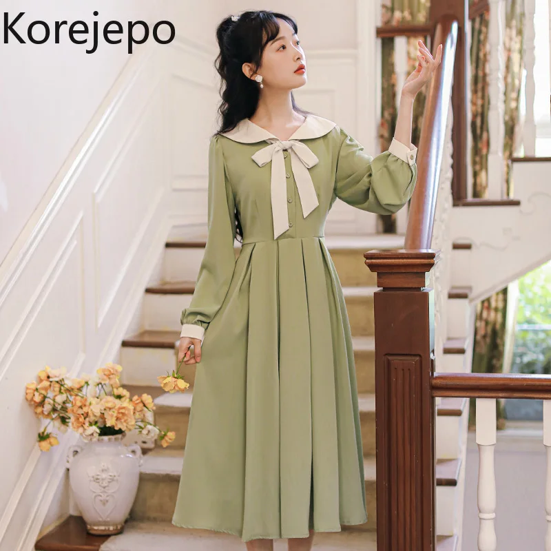 

Женское платье с длинным рукавом, длинное плиссированное платье в французском ретро-стиле с галстуком-бабочкой и кукольным воротником, осе...