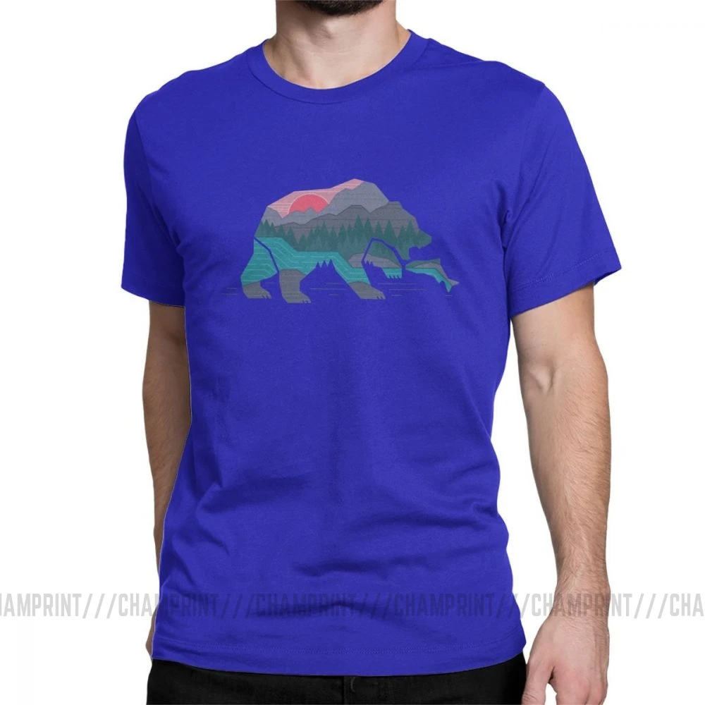 Забавные футболки с рисунком медведя для мужчин; одежда для рыбалки с природой, дикой природой, рекой, горами; 4XL 5XL 6XL; футболки из хлопка с круглым вырезом - Цвет: Синий