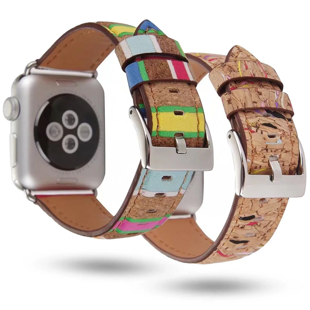 Цветной модный ремешок для Apple Watch 38 мм 42 40 44 кожаный браслет из древесины iWatch