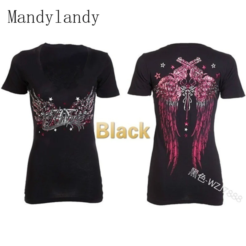 

Mandylandy Women Summer Skinny Shirt Top Lady Short Sleeve V Neck Print Slim Fit T-shirt