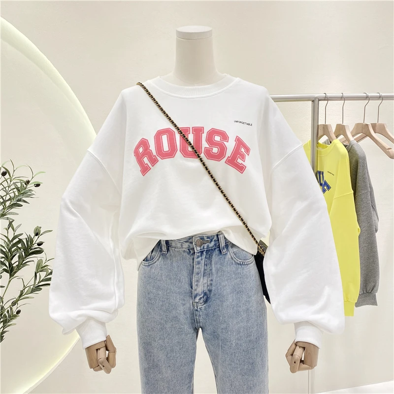 

2021 Spring New Loose All-Match Round Neck Long Sleeve Sweatshirt Women's Letters Contrast Color Printed Pullover Top Hoodies
