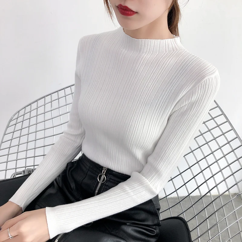 

2019 Women Sweater Slim Half High Collar Elasticity Pullovers For Women Bottoming Knited Jumper Casual Winter Warm Sweater Woman