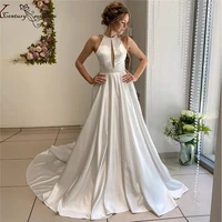 simple satin wedding dress 2020 sexy bride dresses for women halter neck backless beaded a line wedding gowns vestido de noiva