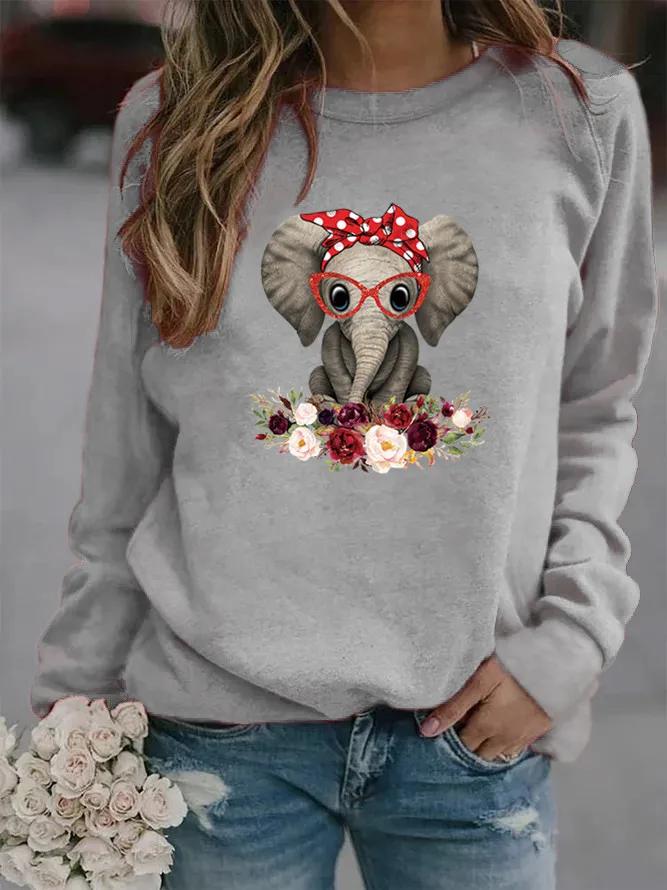 

Cute Elephant Printed Hoodies Women Fleece Long Sleeve O Neck Loose Sweatshirt Girls Women Hoodie Pullovers Winter
