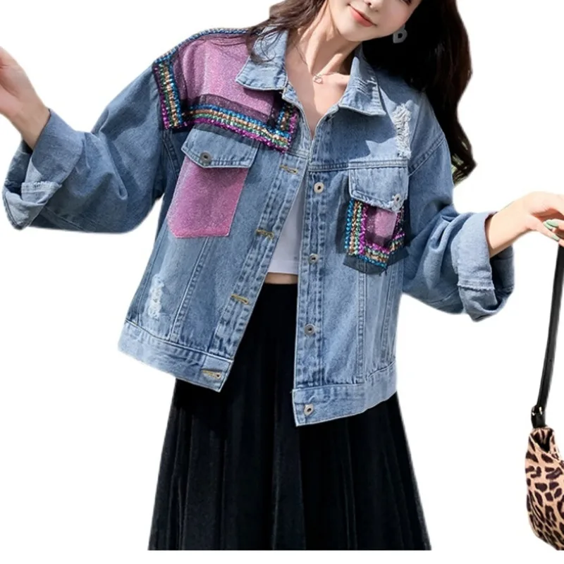 

Женская джинсовая куртка, верхняя одежда большого размера с длинным рукавом, весна-осень 2021