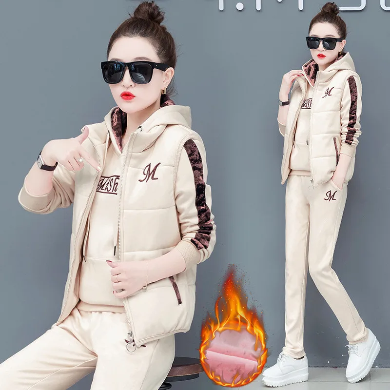 

Autumn Winter Tracksuit Women Warm Clothing Sets Fleece Hooded Sweatshirt Vest Pants Thicken Sweat Suits Women's Sets Outfits