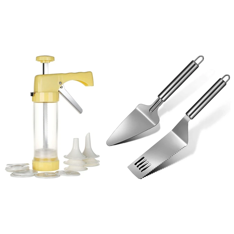 

1 Set Icing Set Cookie Biscuit Press And Cake Icing Decorating Set & 1 Pcs Stainless Steel Cake Shovel Cake Cutter