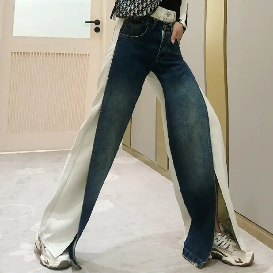 Женские расклешенные джинсы 2020 новые модные контрастных цветов с широкими