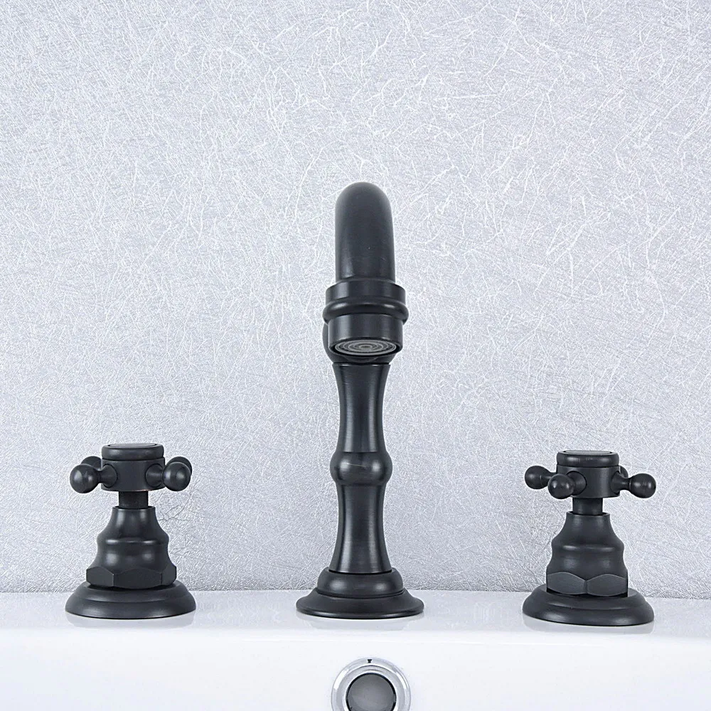 

Black Oil Rubbed Brass Two Cross Handle Deck-Mount 3 Hole Widespread Bathroom Lavatory Vessel Basin Faucet Sink Mixer Tap dsf539