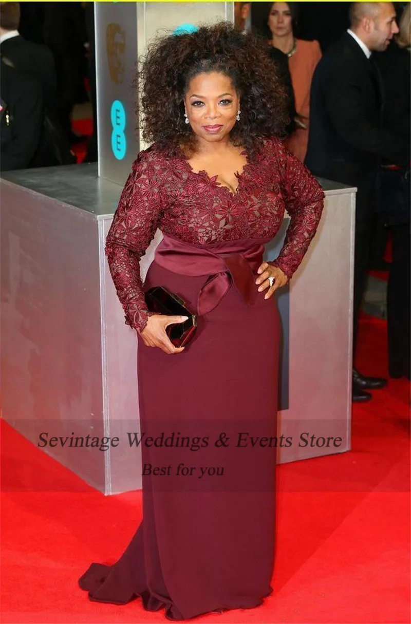 Sevintage Long Sleeves Red Carpet Dresses Plus Size Oprah Winfrey Sheath Celebrity Dress Empire Top Lace Formal Prom Gowns