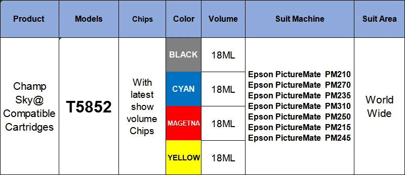 Качественный совместимый чернильный картридж для T5852, T-5852 для Epson PictureMate PM210 PM235 PM250 PM270 PM310 PM215 PM245 и т. д