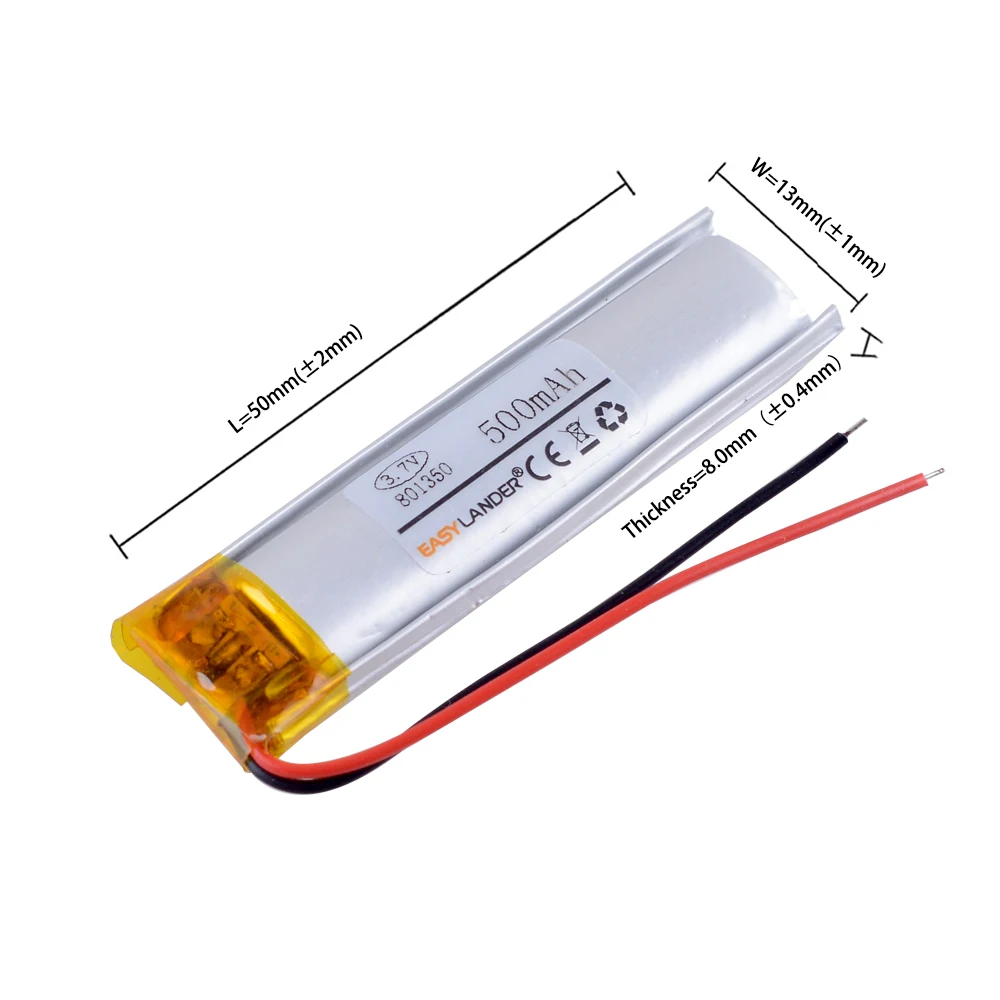 

801350 3.7V 500mAh Rechargeable li-Polymer Li-ion Battery For GPS DVR mp3 mp4 mp5 dvd bluetooth SMART WATCH 751350 801219 081350