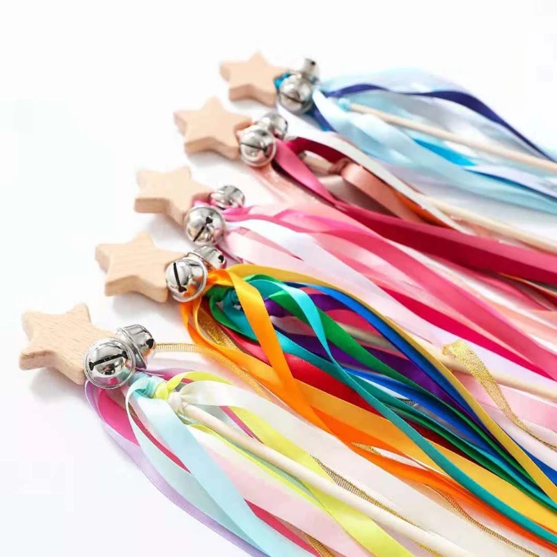 

2021 New Rainbow Natural Wooden Ribbon Rattle Baby Newborn Montessori Style Sensory Toy