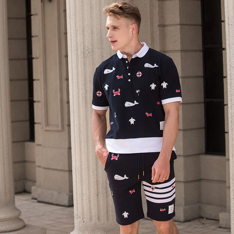 

Fashion TB 2021 Brand T-shirt Turn-down Collar Patchwork Short-sleeved T-shirt Men Cotton Shark Embroidery Summer Clothing