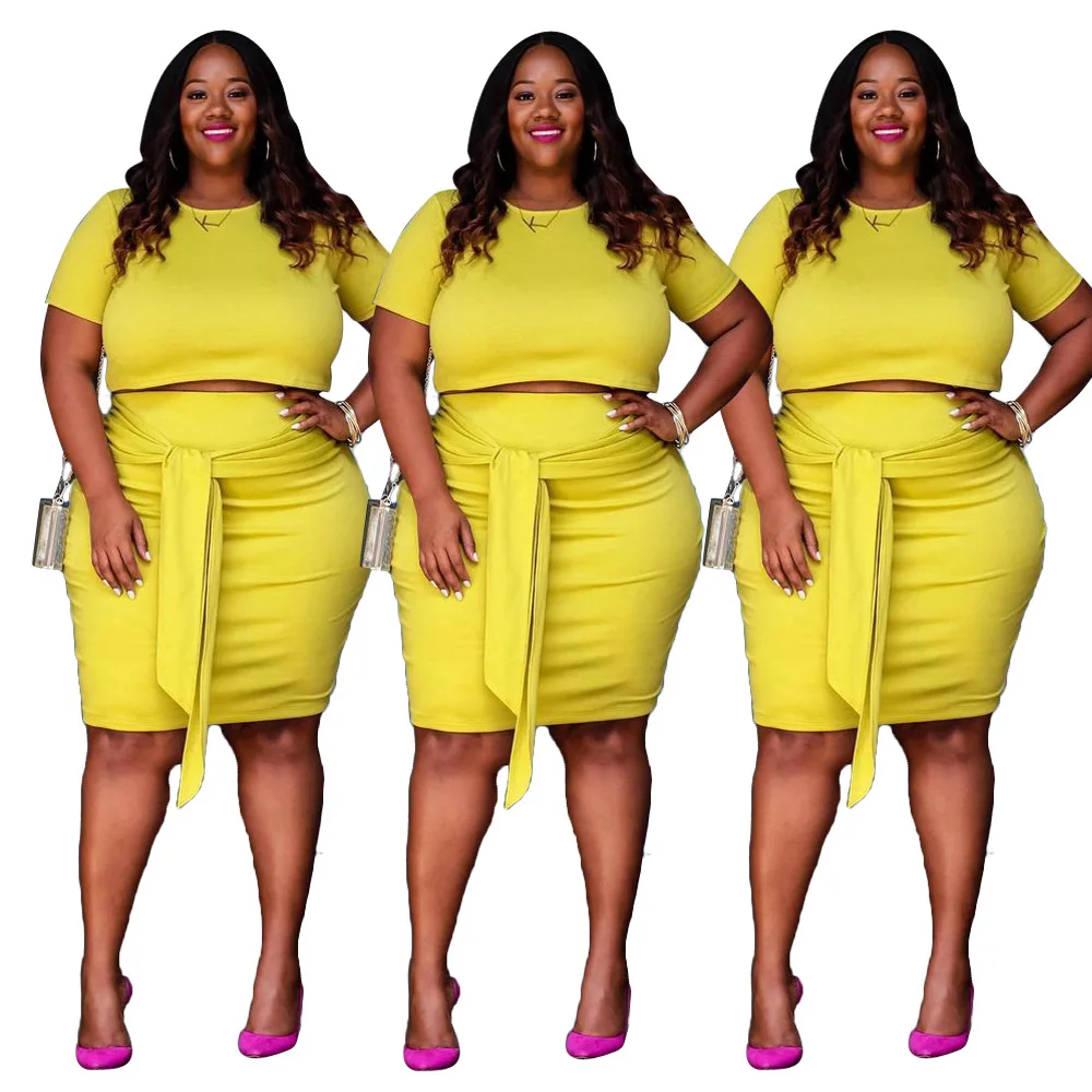 

Fashion Plus Size Women's Solid Color Casual Two-Piece Skirt Suit Summer Short-Sleeved Skirt Suit