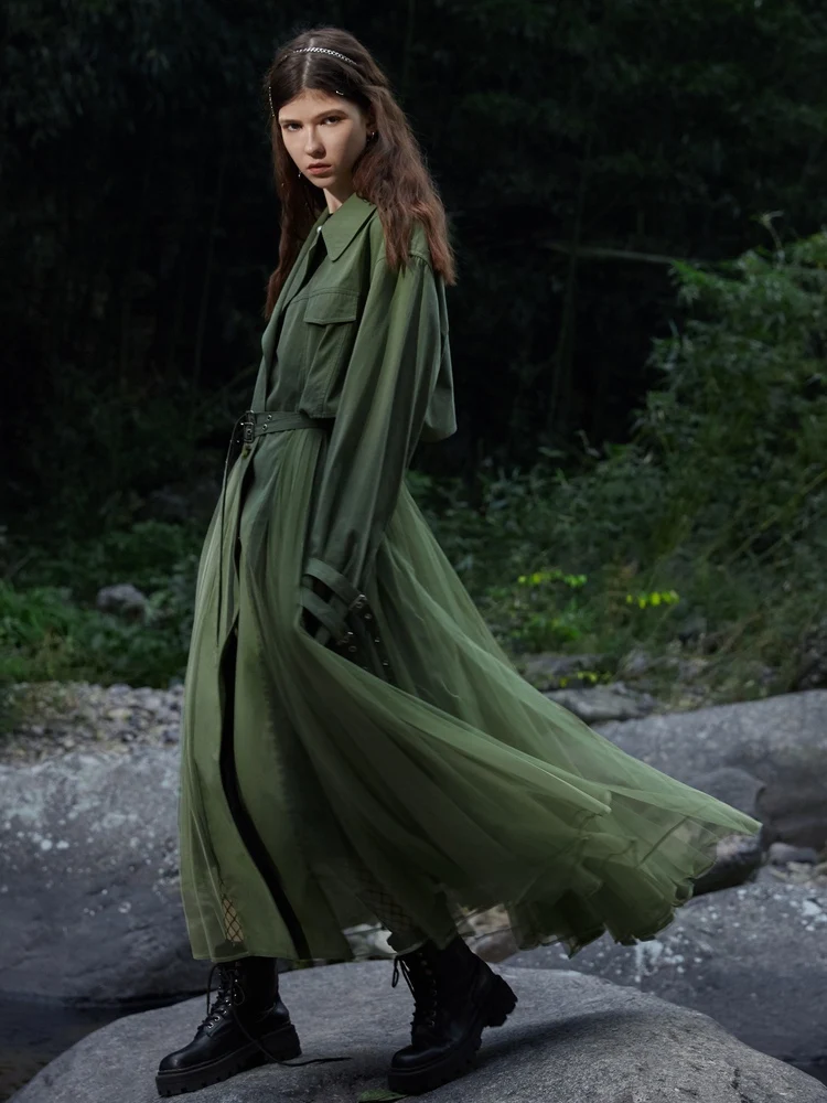 

IRINACH327 весна лето 2021 оригинальный дизайн Новые поступления армейский зеленый сетчатый лоскутный длинное пальто Тренч для женщин