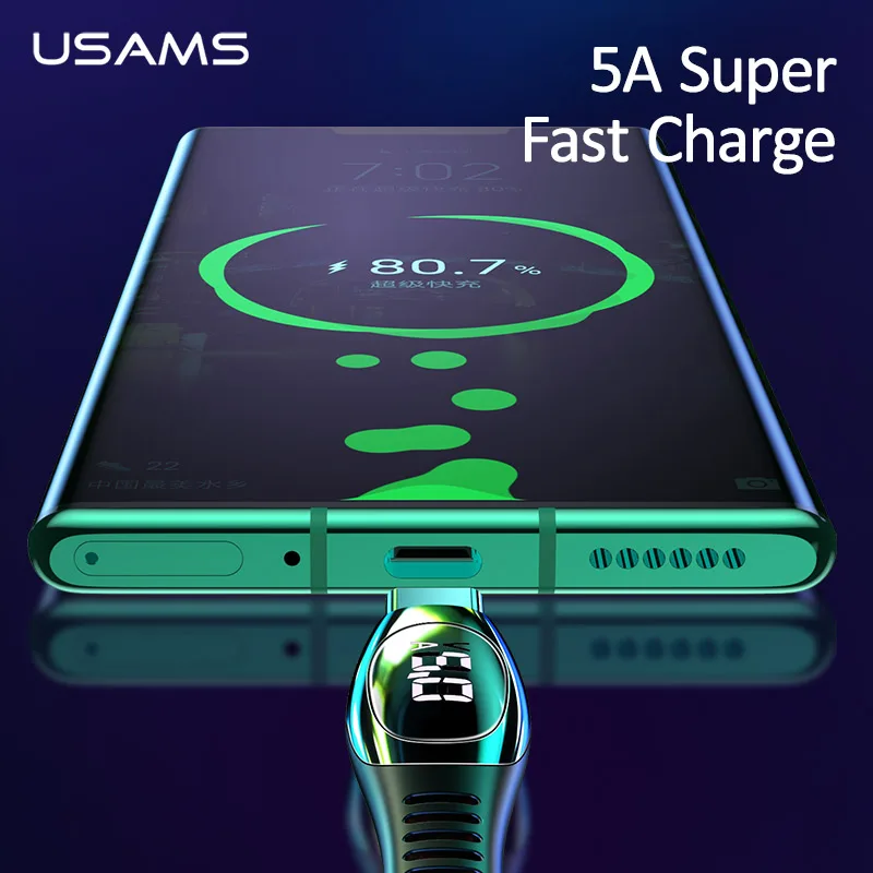 USAMS светодиодный дисплей USB C кабель 5А быстрая зарядка типа для huawei P10 P20 P30 mate 9 10 20