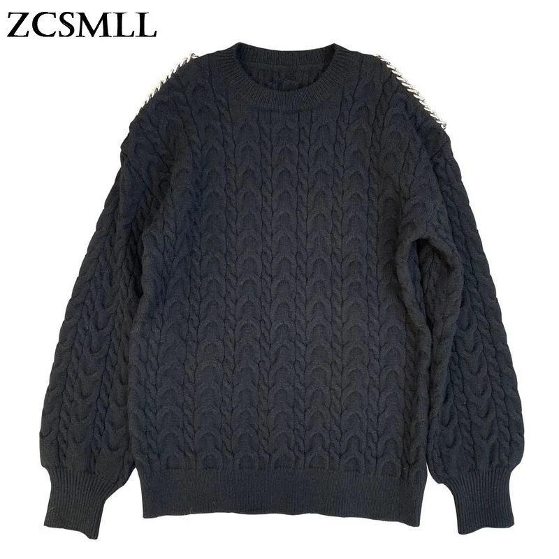 

ZCSMLL 2021 autumn and winter round neck strapless long-sleeved diamond chain decoration linen pattern loose sweater tide